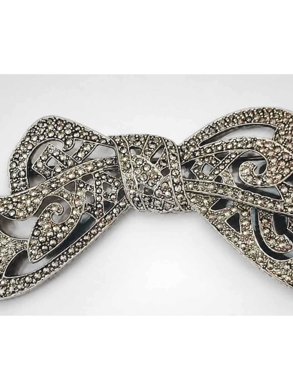 Vintage 1928 Bow Brooch‎ Pin Silver Victorian Style Marcasite Large 3.5" so-6
